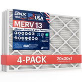BNX TruFilter 20x30x1 MERV13, 4 unidades, protege alergias y mejora la calidad del aire.