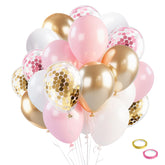 Globos BOMSI rosa-oro con confeti para fiestas coloridas.
