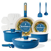 CAROTE set cerámico azul dorado, vista frontal, antiadherente para comidas más saludables.