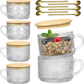 LANDNEOO set de 6 vasos vintage de vidrio 14oz con tapas de bambú y cucharas para bebidas