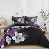 Luxudecor juego de cama 7 piezas flores moradas en negro, añade elegancia al dormitorio.