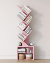 SUNMORY estantería árbol 6 niveles rosa, frente, ideal para organizar libros y decoraciones