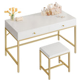 SUPERJARE escritorio moderno blanco y dorado, vista frontal para trabajar desde casa