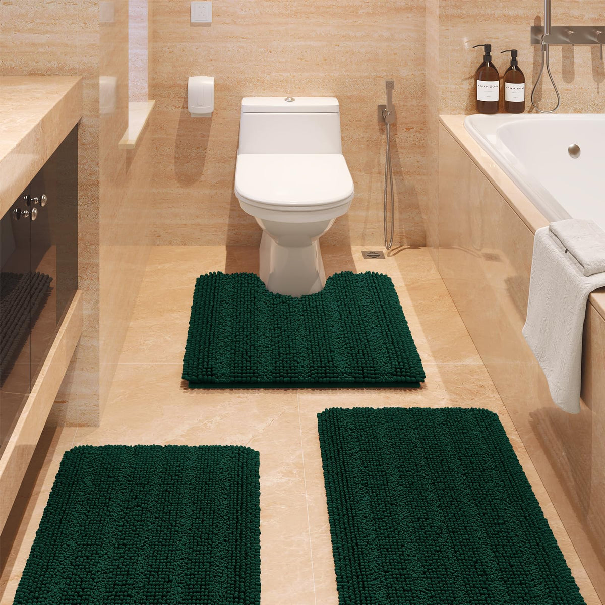 Alfombra ACCUMTEK de baño chenille verde, juego de 3 piezas, suave y absorbente.