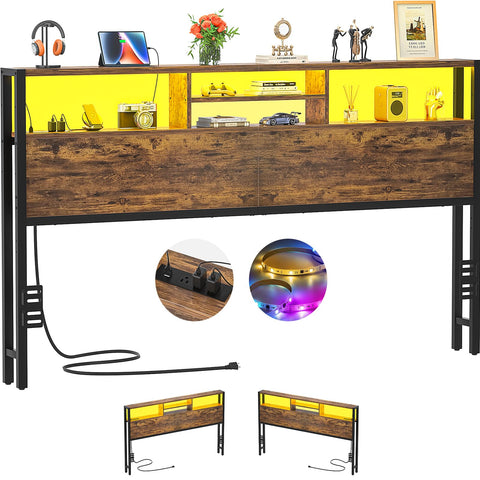 Aheaplus cabecero para cama gran tamaño con almacenamiento y tres estantes, ideal para organizar libros