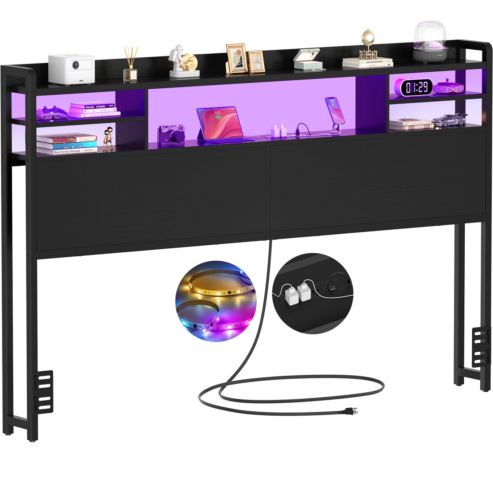 Cabezal Aheaplus con almacenamiento integrado para cama queen y organización diaria.