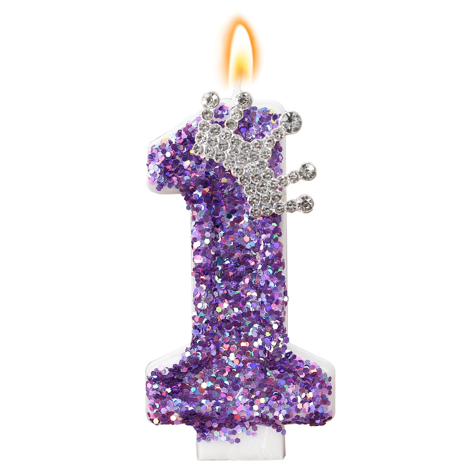 Candela AKURIEEY de número con corona púrpura y lentejuelas, perfecta para fiestas.