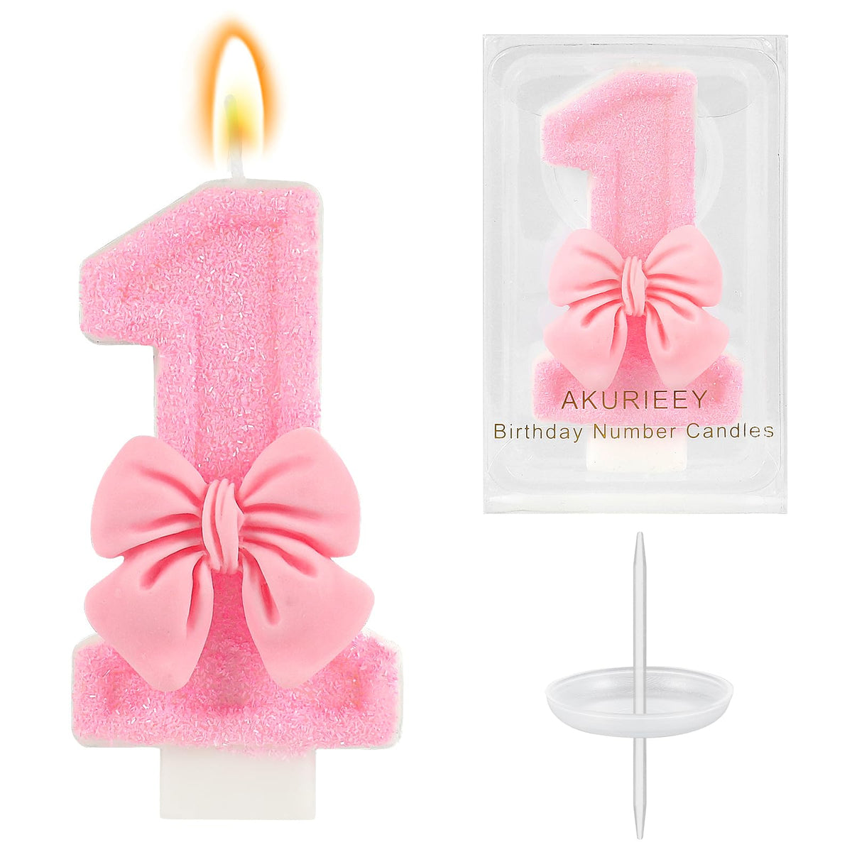 Vela AKURIEEY rosa con lazo para cumpleaños, número 1 en pastel