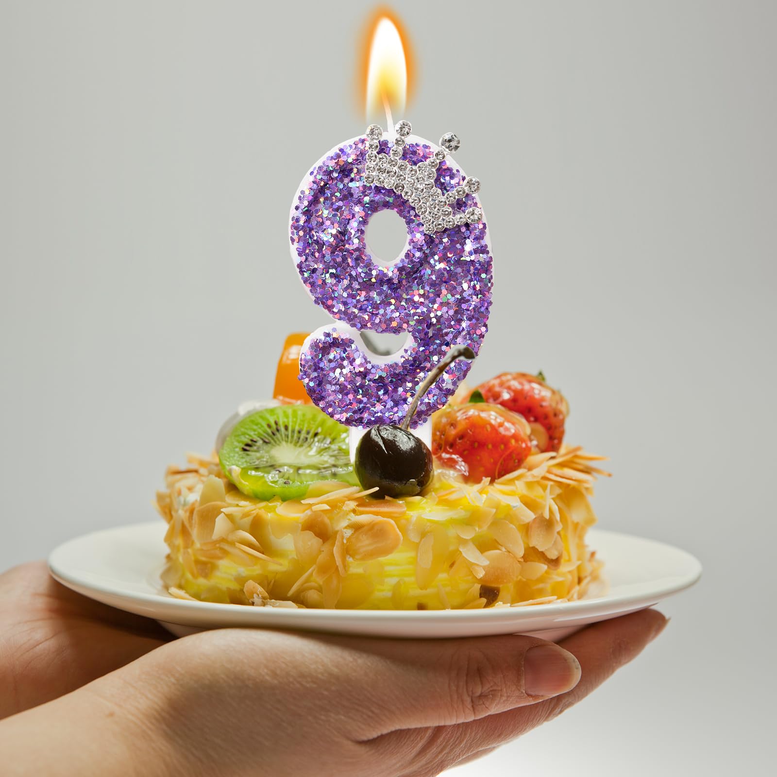 Vela numero 9 AKURIEEY con brillos y lentejuelas para celebracion especial.