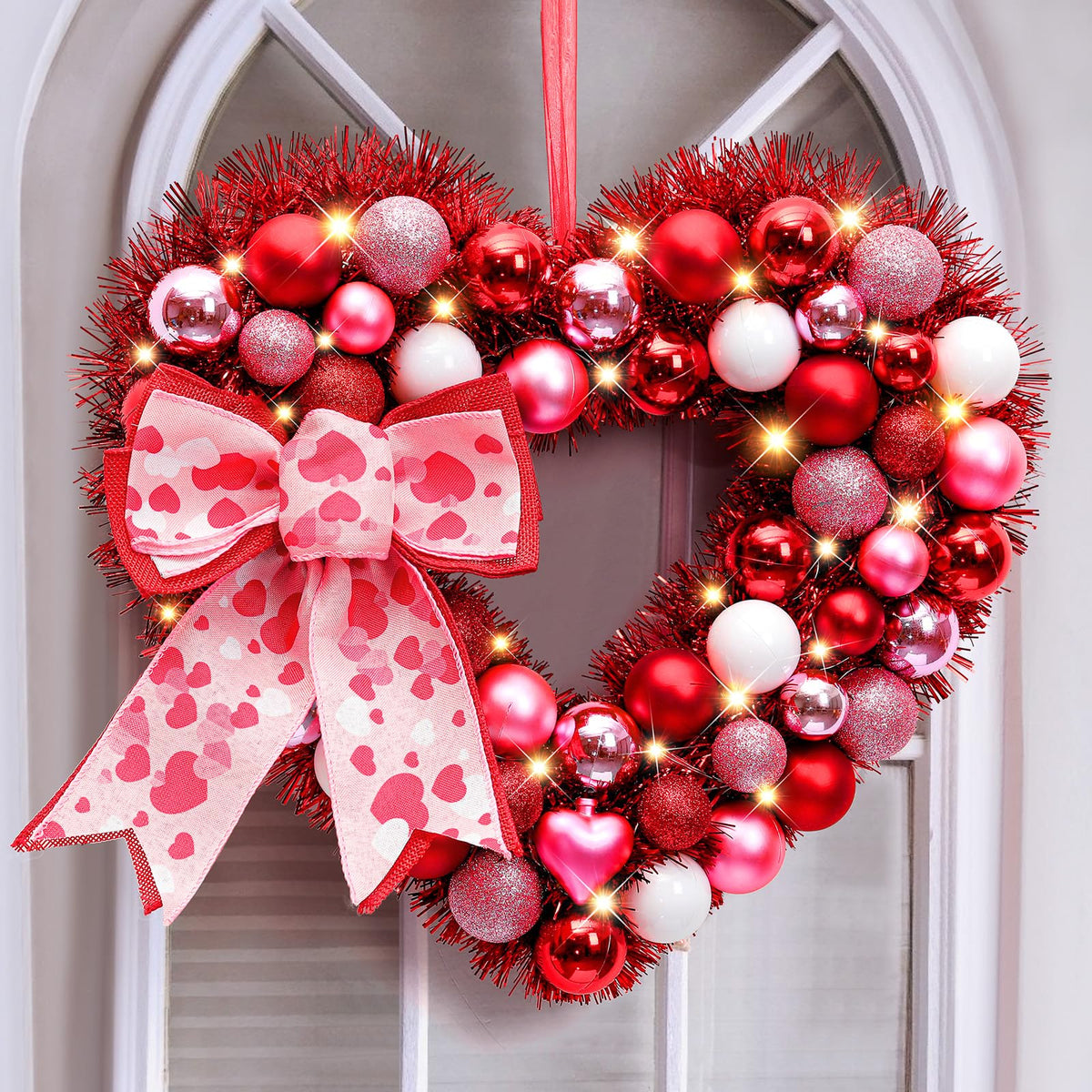 Alupssuc corona Corazón 14 pulgadas con lazo, ideal para decorar la puerta con ambiente romántico.