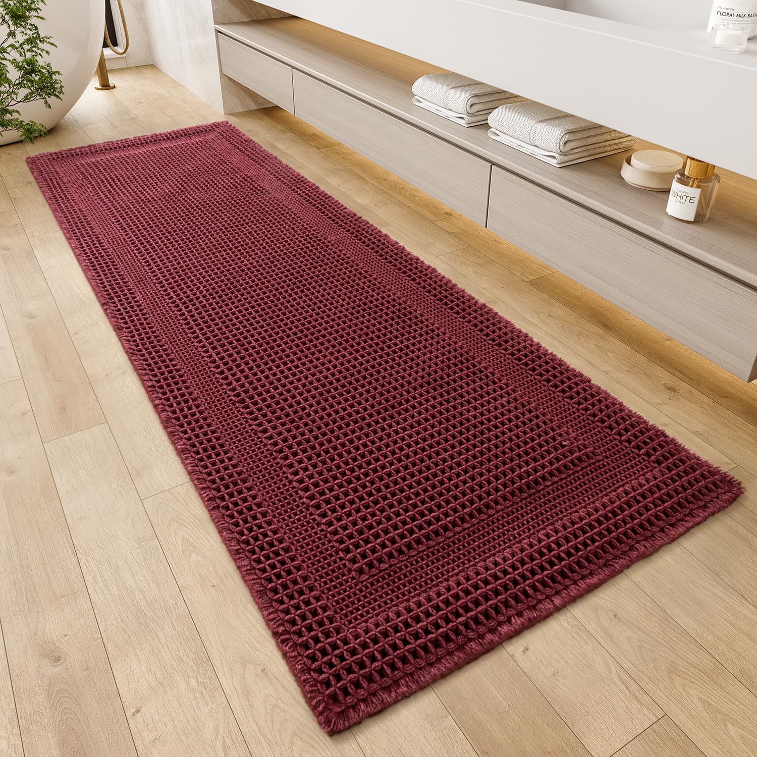 AMOAMI alfombra de baño waffle absorbente para pies secos y seguros.