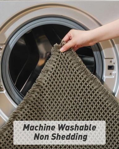 AMOAMI alfombra gofre verde con flecos decorativos para estancias modernas.