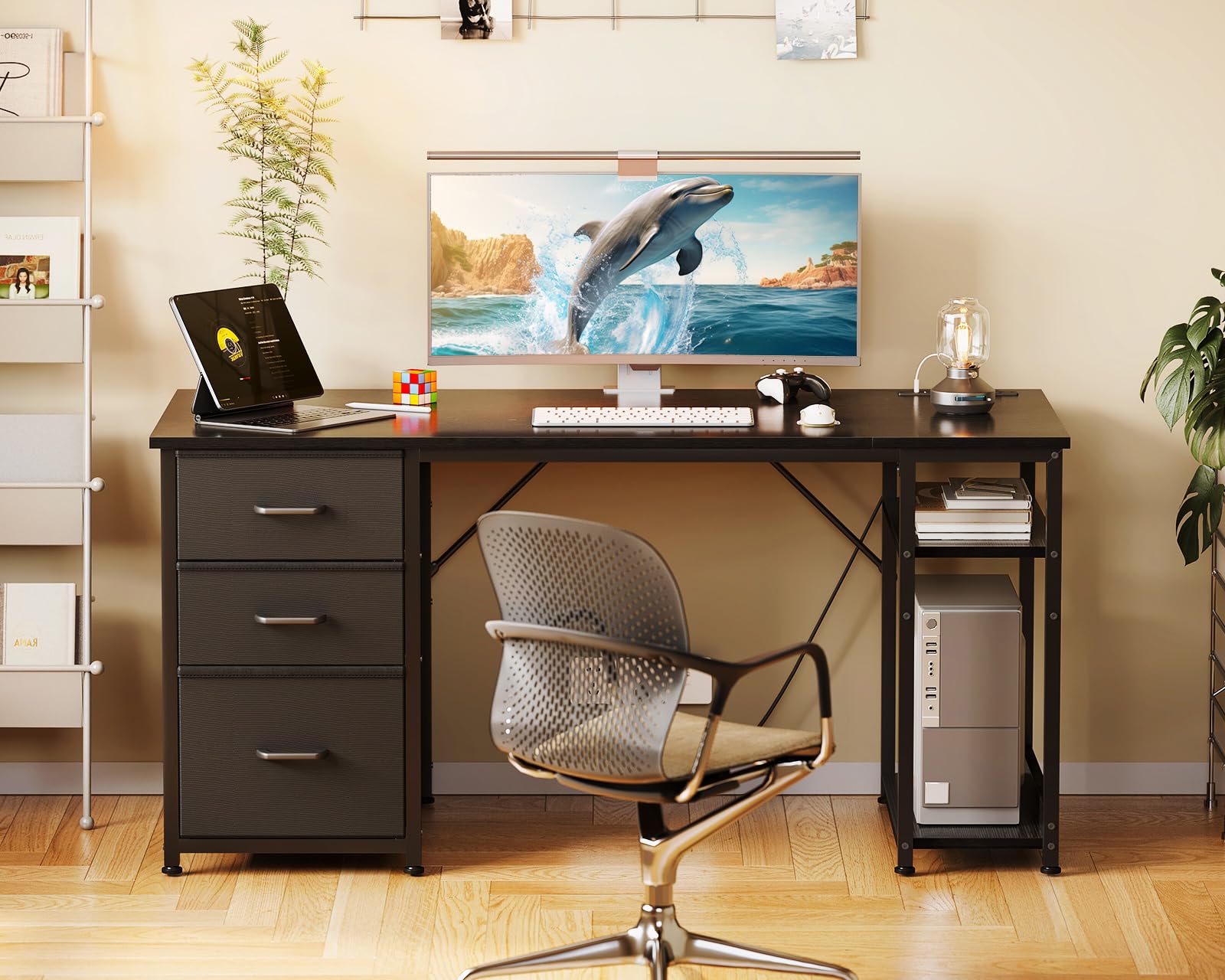 AODK escritorio de 51 pulgadas muestra espacio para dos monitores y organización.