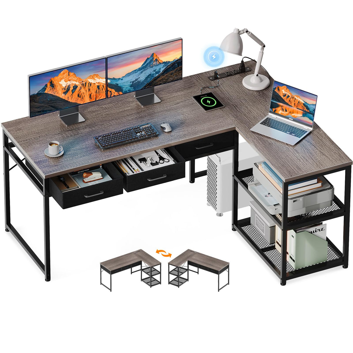 Escritorio AODK L con tomas de corriente para carga rápida de dispositivos