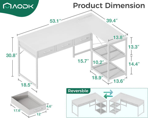 AODK Escritorio L blanco, cajones para organización de papeles y accesorios.