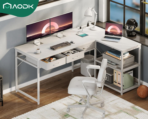 AODK Escritorio L blanco, estantes para almacenamiento extra.