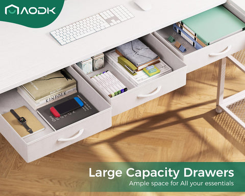 AODK Escritorio L blanco, tomacorrientes y USB para cargar dispositivos.