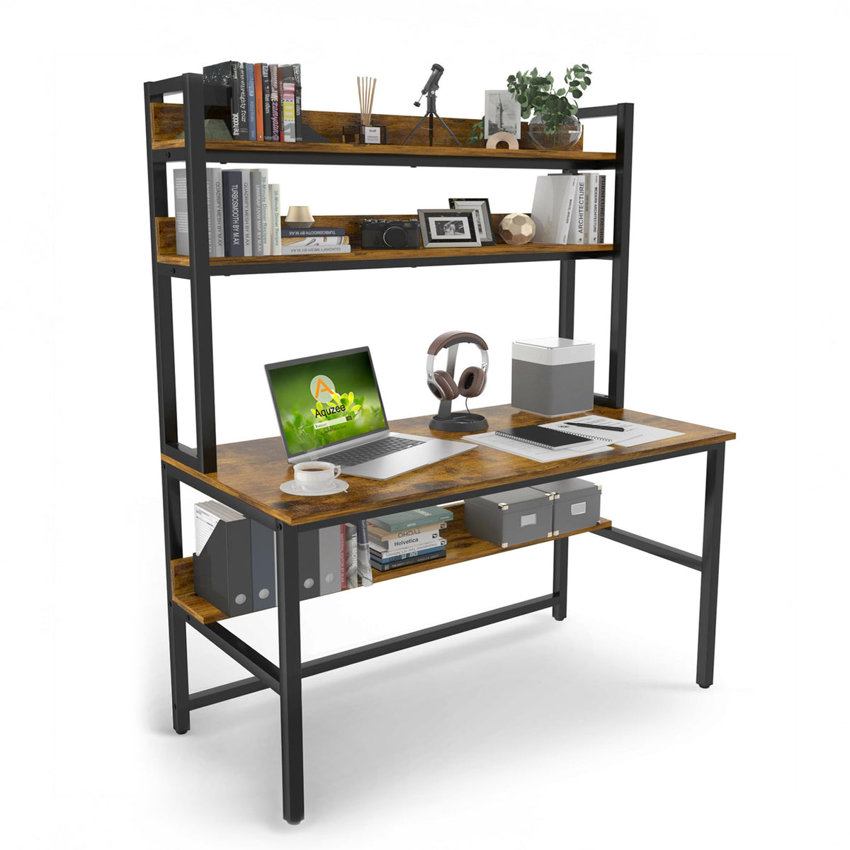 Aquzee escritorio ordenado con estantes superiores para organizar libros y accesorios