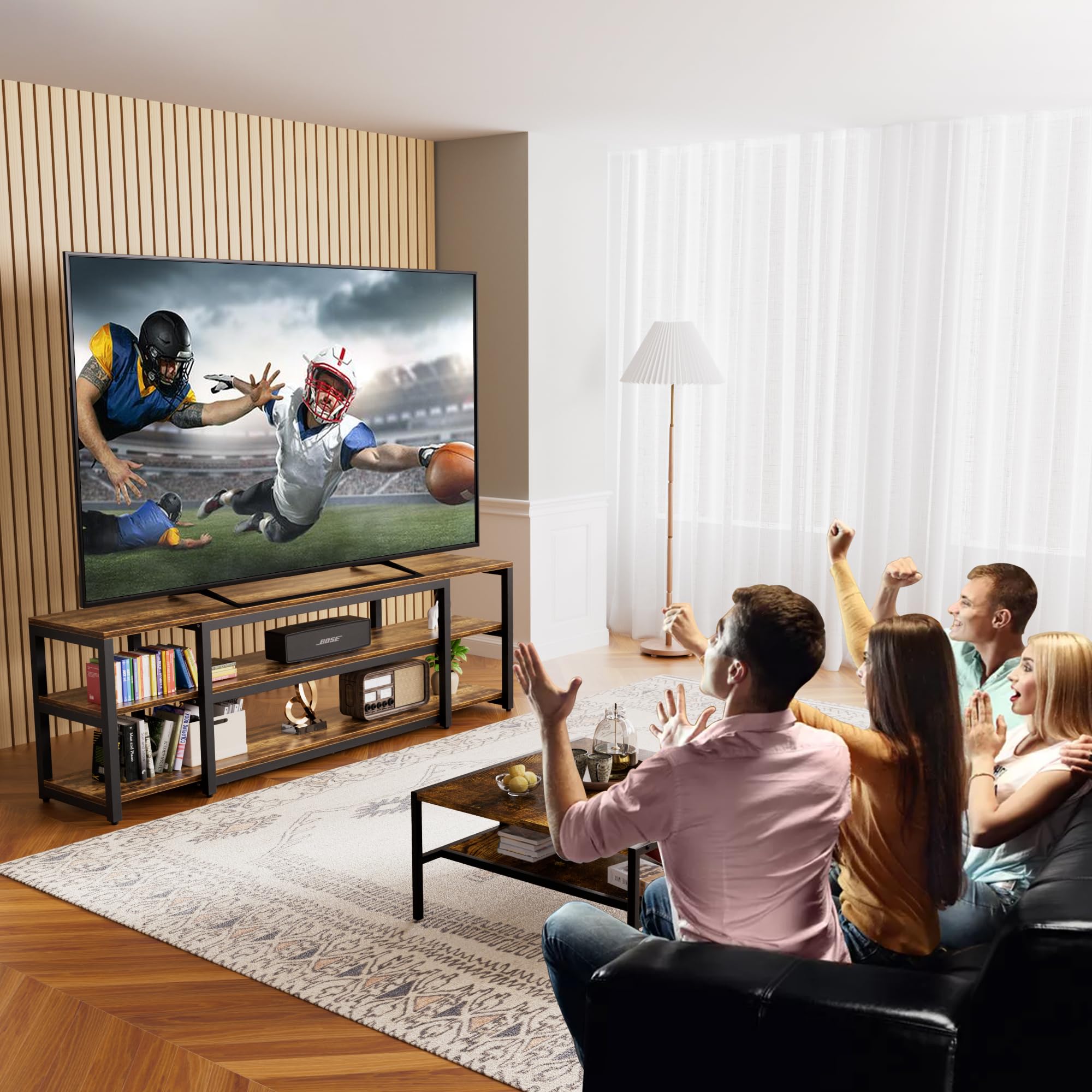 Vista lateral del mueble de madera rústica con soporte robusto.