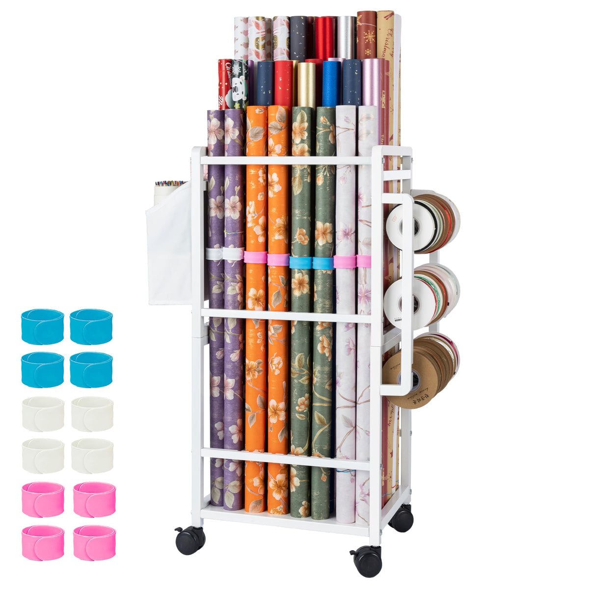 Aquzee organizador de papel regalo, frente, acceso rápido a los rollos.