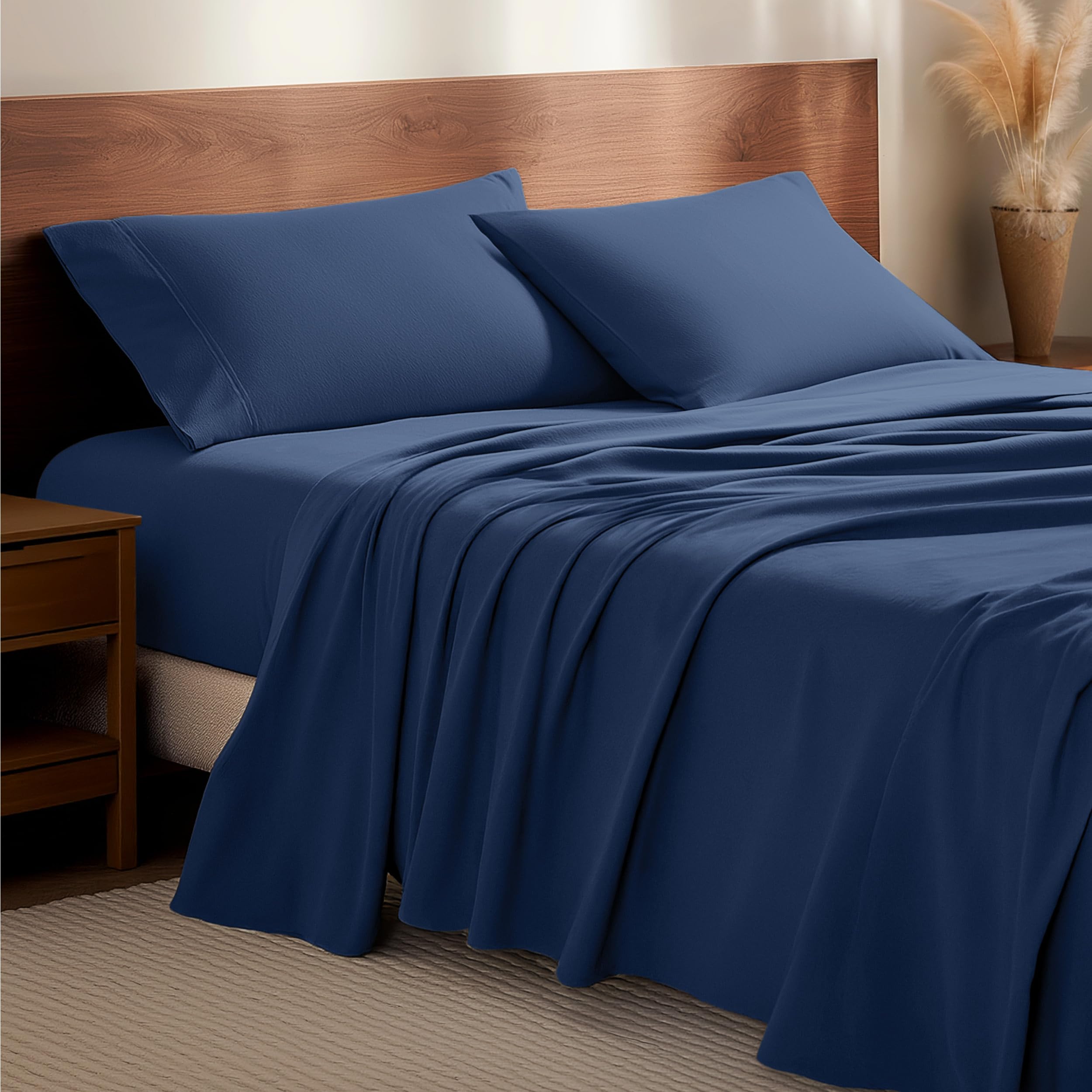 Bare Home sábanas de franela azul oscuro para cama tamaño rey, cálidas y confortables