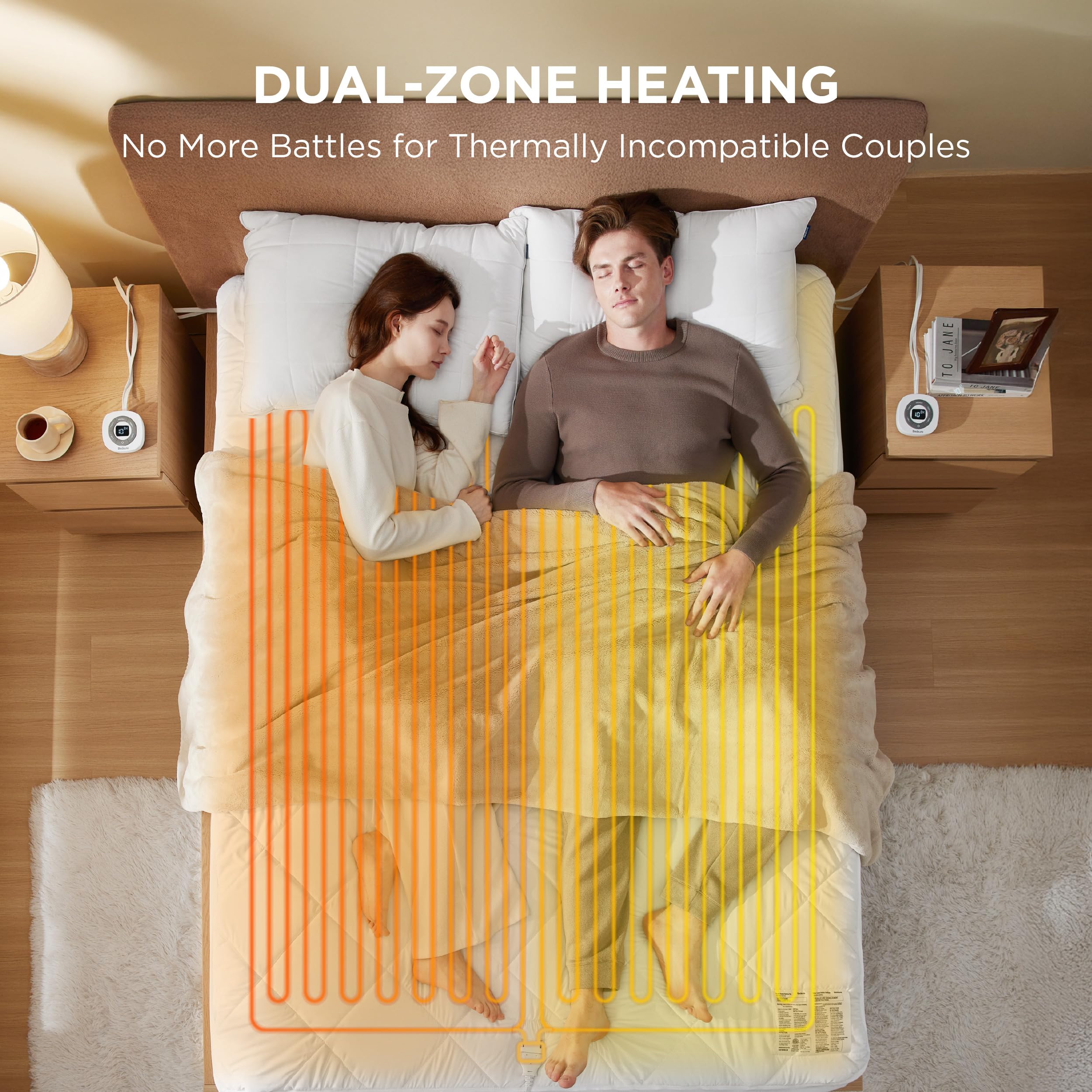 Bedsure almohadilla caliente con controles dobles, enfoque lateral, ideal para parejas con calor independiente