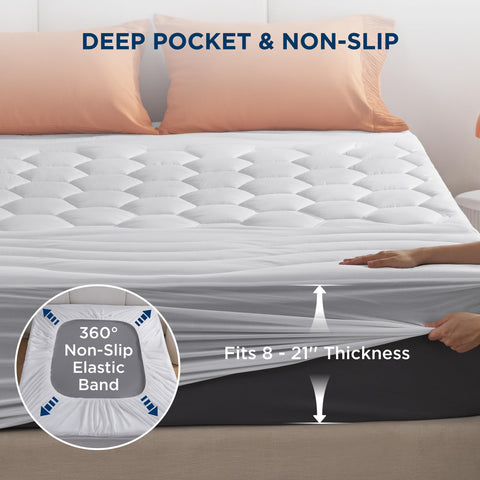 Bedsure ajuste profundo de hasta 21 pulgadas, sujeción estable.