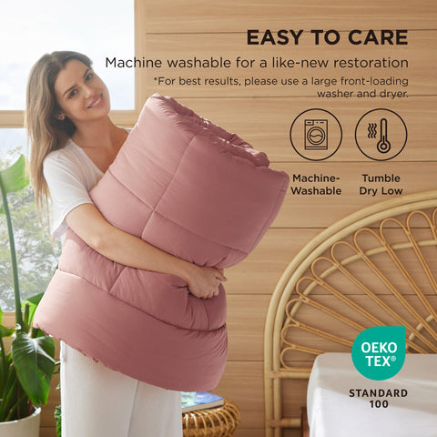 Bedsure edredón insert lavado frío, rosa empolvado, cuidado práctico.