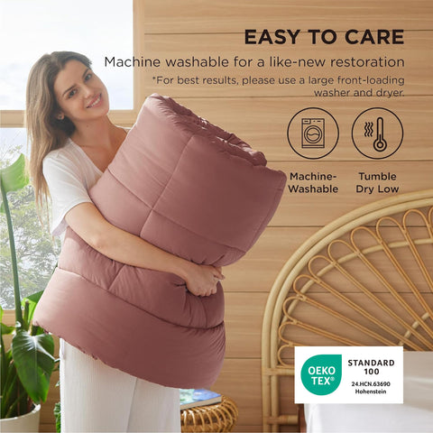 Bedsure edredón insert tacto suave, rosa empolvado, sensación de confort nocturno.