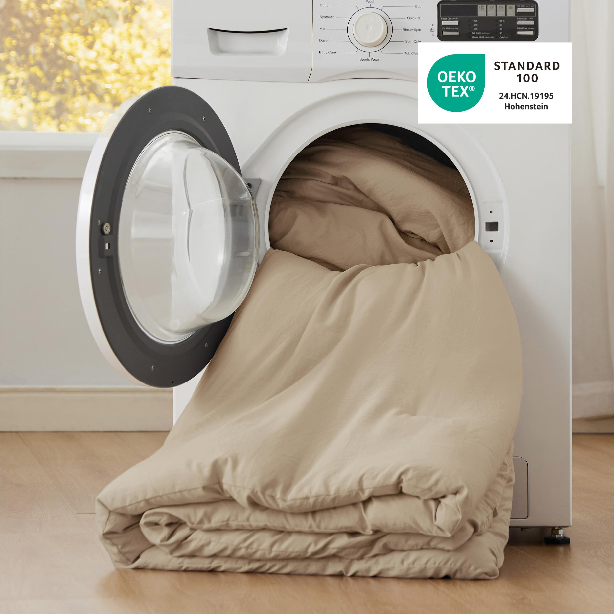 Bedsure edredón rey caqui, certificado OEKO-TEX para mayor seguridad.