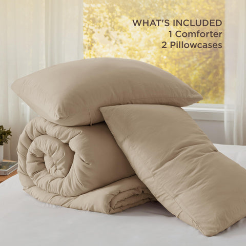 Bedsure edredón rey caqui, cuidado fácil: lavado a máquina y secado suave.