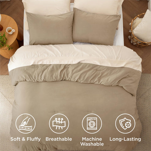 Bedsure edredón rey caqui, forro resistente al desgaste y lavado frecuente.