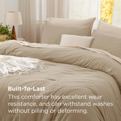 Bedsure edredón rey caqui, textura similar al algodón, suave y acogedora.