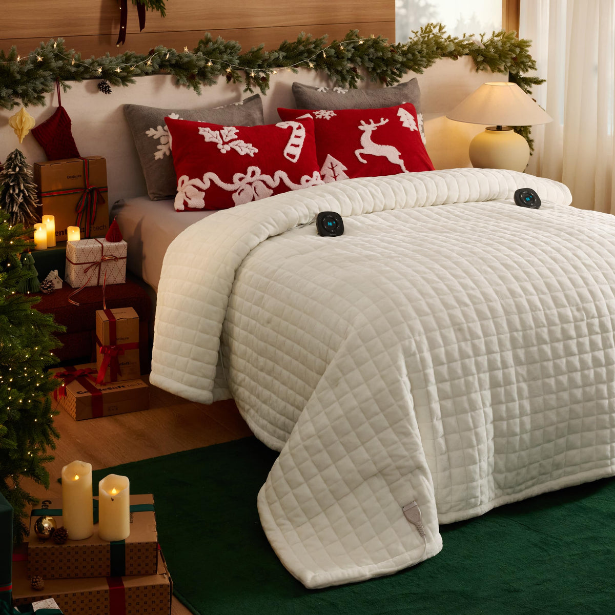 Manta Bedsure para cama extragrande marfil muestra visión general de producto y uso nocturno cálido