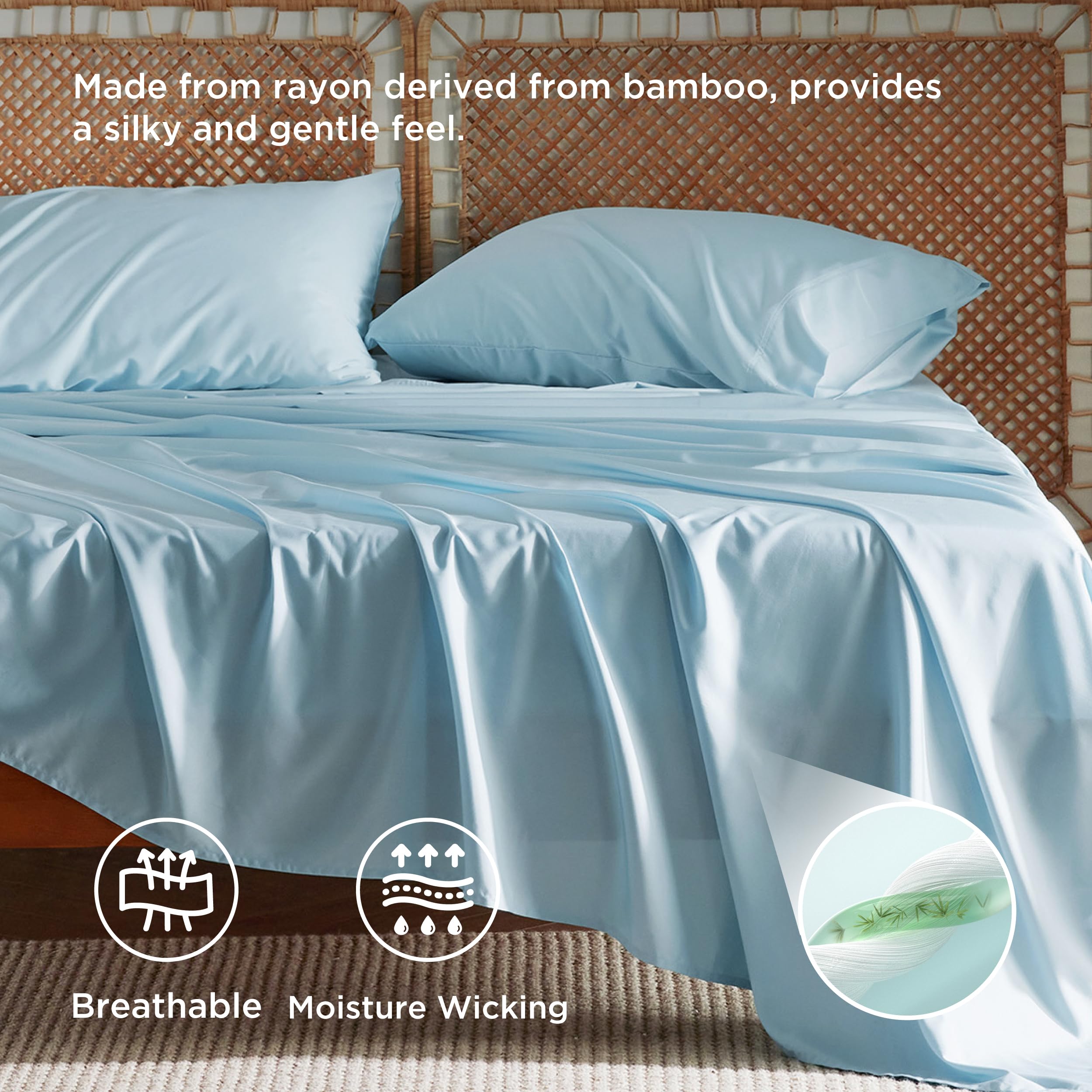 Bedsure sábanas queen, rayon bambú, descanso y confort en noches tranquilas.