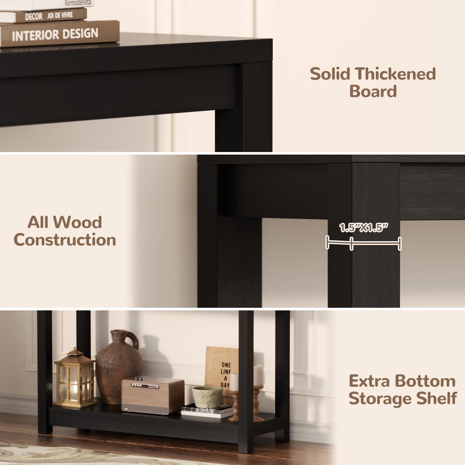 Consola Besiost dos-usos en sala, perfecta como mesa tras el sofá.