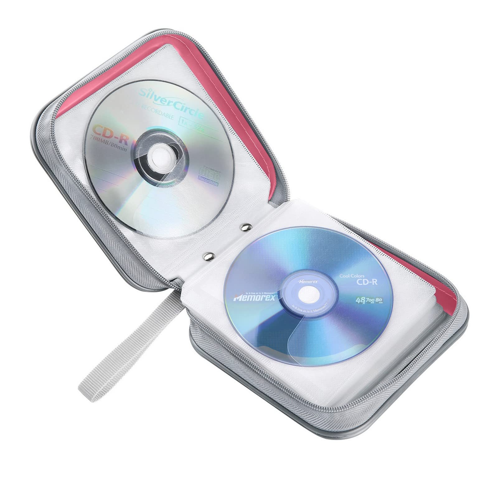 Ranuras con bloqueo deslizante para CDs en estuche Siveit rosa.