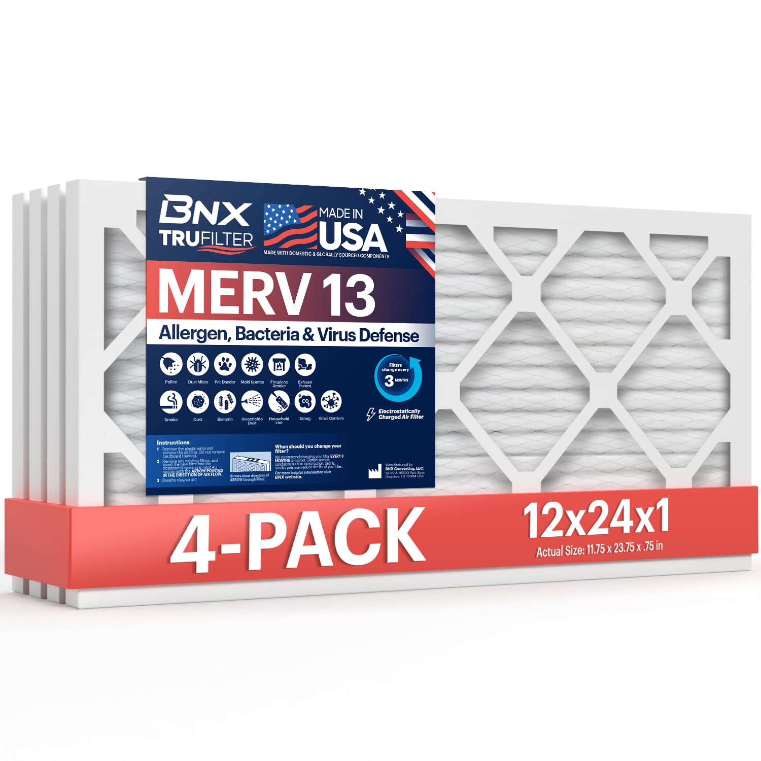 BNX TruFilter 12x24x1 muestra dimensiones exactas para instalación fácil y ajuste perfecto.