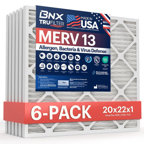BNX TruFilter 20x22x1, vista frontal, filtración MERV 13 para alérgenos en casa
