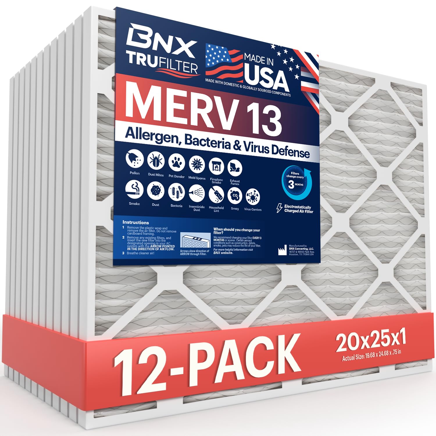 BNX TruFilter 20x25x1: detalle de filtración MERV 13 para polvo y polen