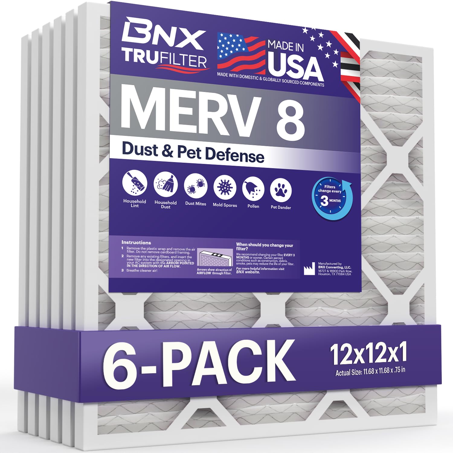 BNX TruFilter 12x12x1 con MERV 8 para sistemas de climatización domésticos