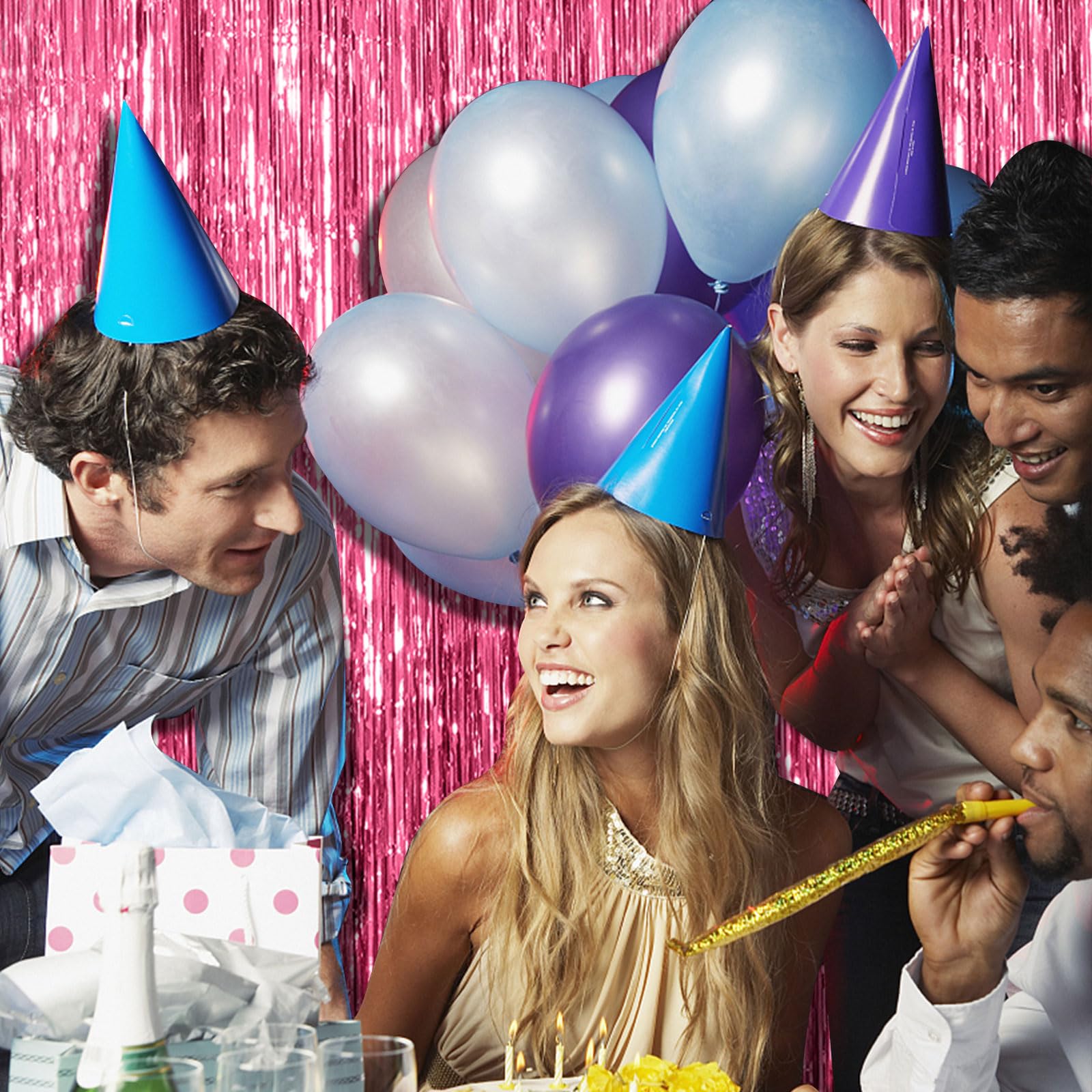 Bomsi fondo de foto rosado con flecos metalizados, efecto glam.