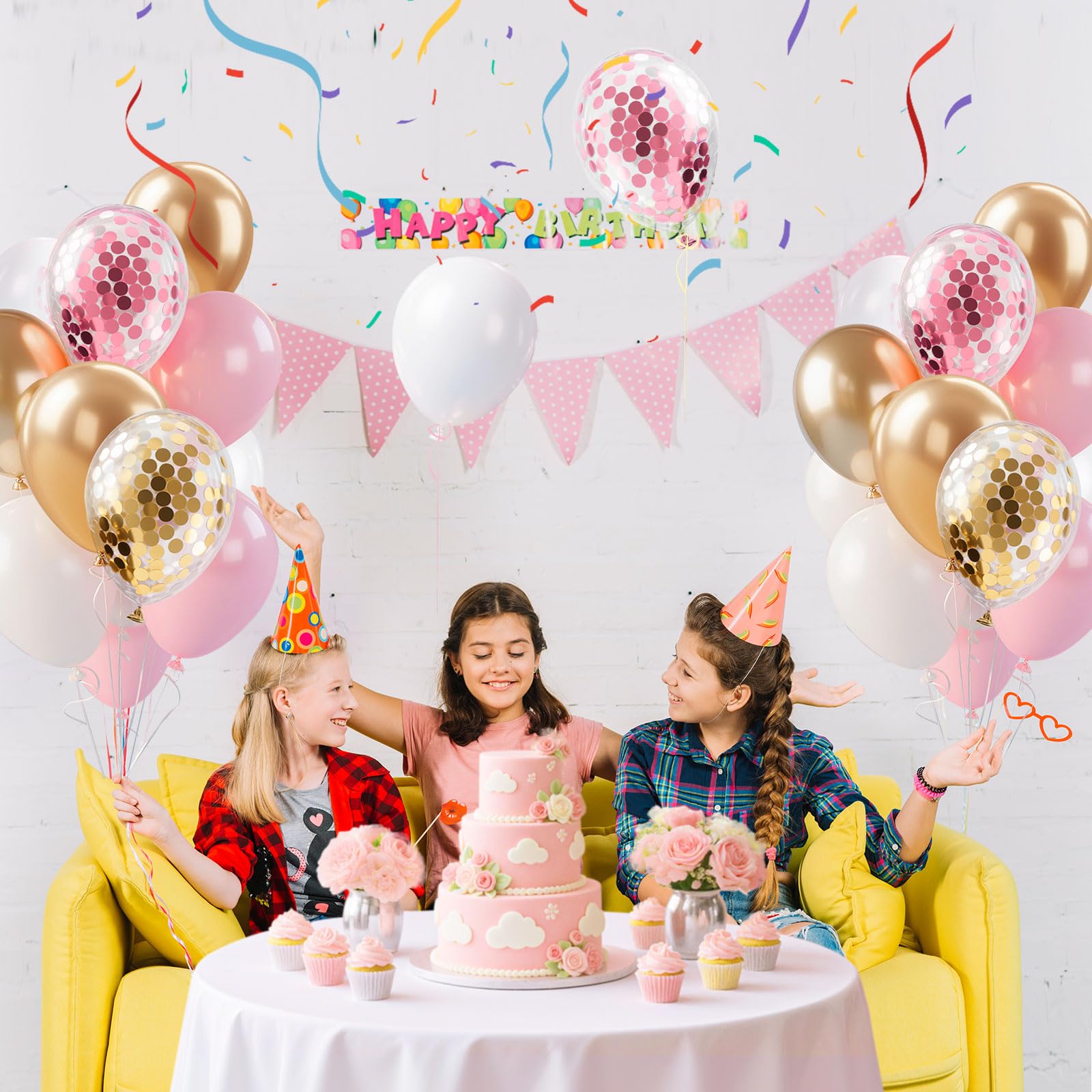 Globos BOMSI para ducha de bebé rosa-oro con confeti brillante.