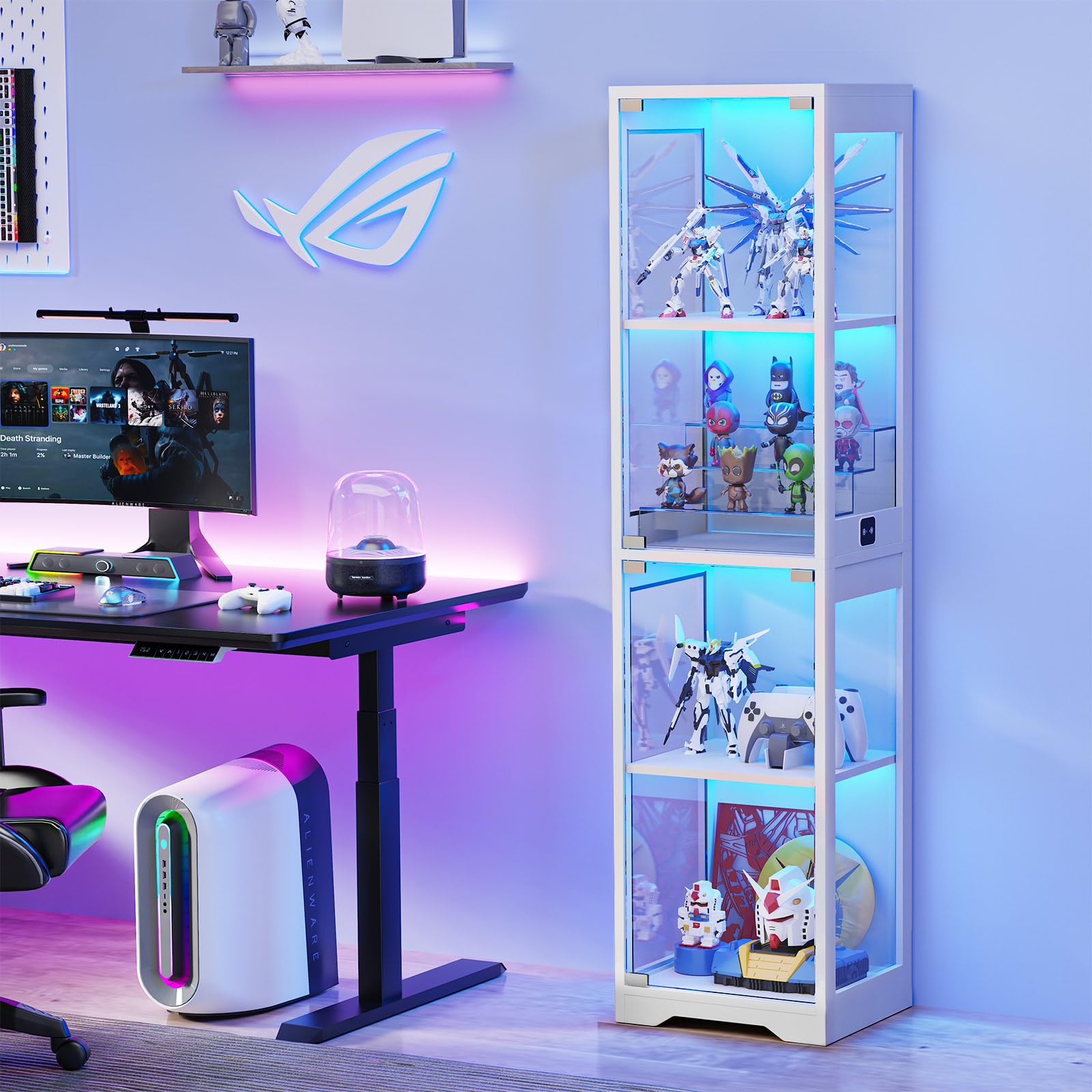 BROTTAR vitrina de 4 estantes muestra figuras con claridad.