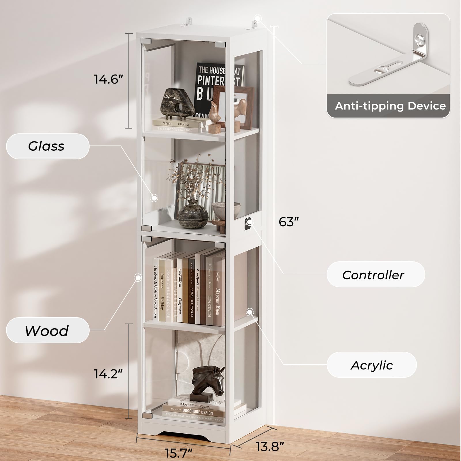 BROTTAR vitrina con iluminación tricolor para crear ambientes atractivos.