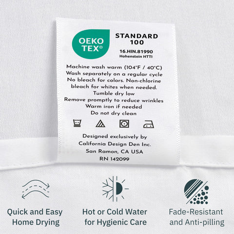 Etiqueta OEKO-TEX STANDARD 100 visible en las sábanas de California Design Den.