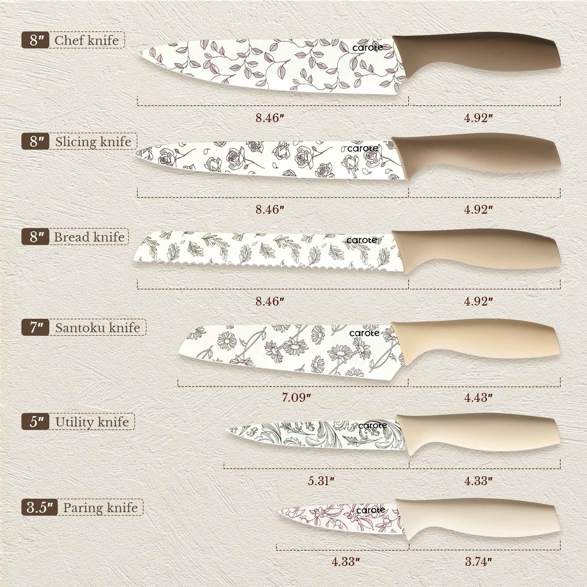 Cuchillos CAROTE con recubrimiento ceramico resistente para evitar manchas.
