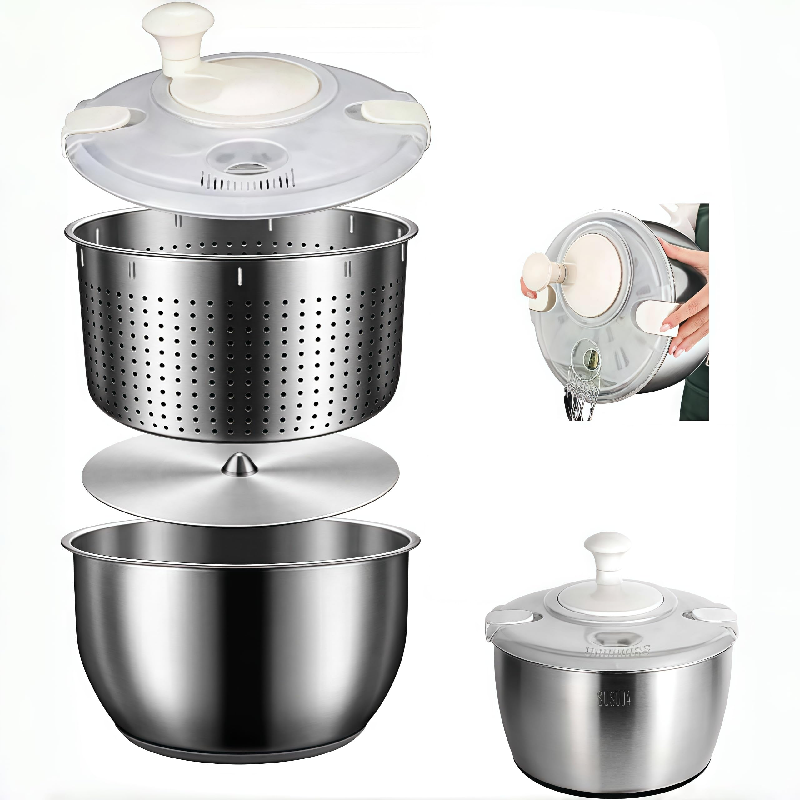 Centrífuga para ensaladas en acero inoxidable 6L, secado rápido de lechugas y verduras.
