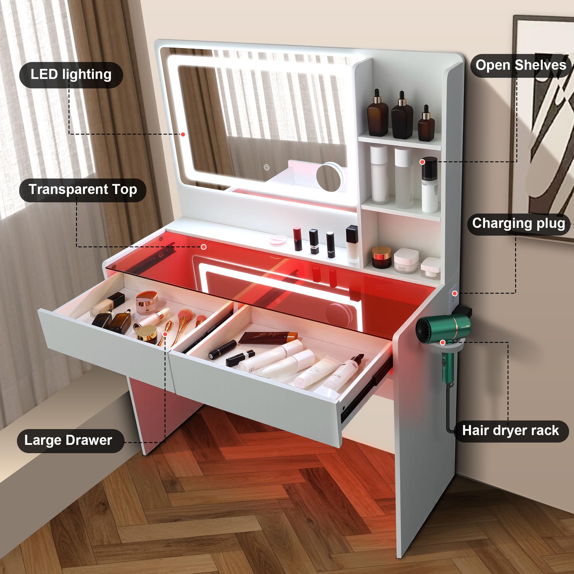 Cielozen vanidad con espejo iluminado de tres colores para maquillaje detallado.
