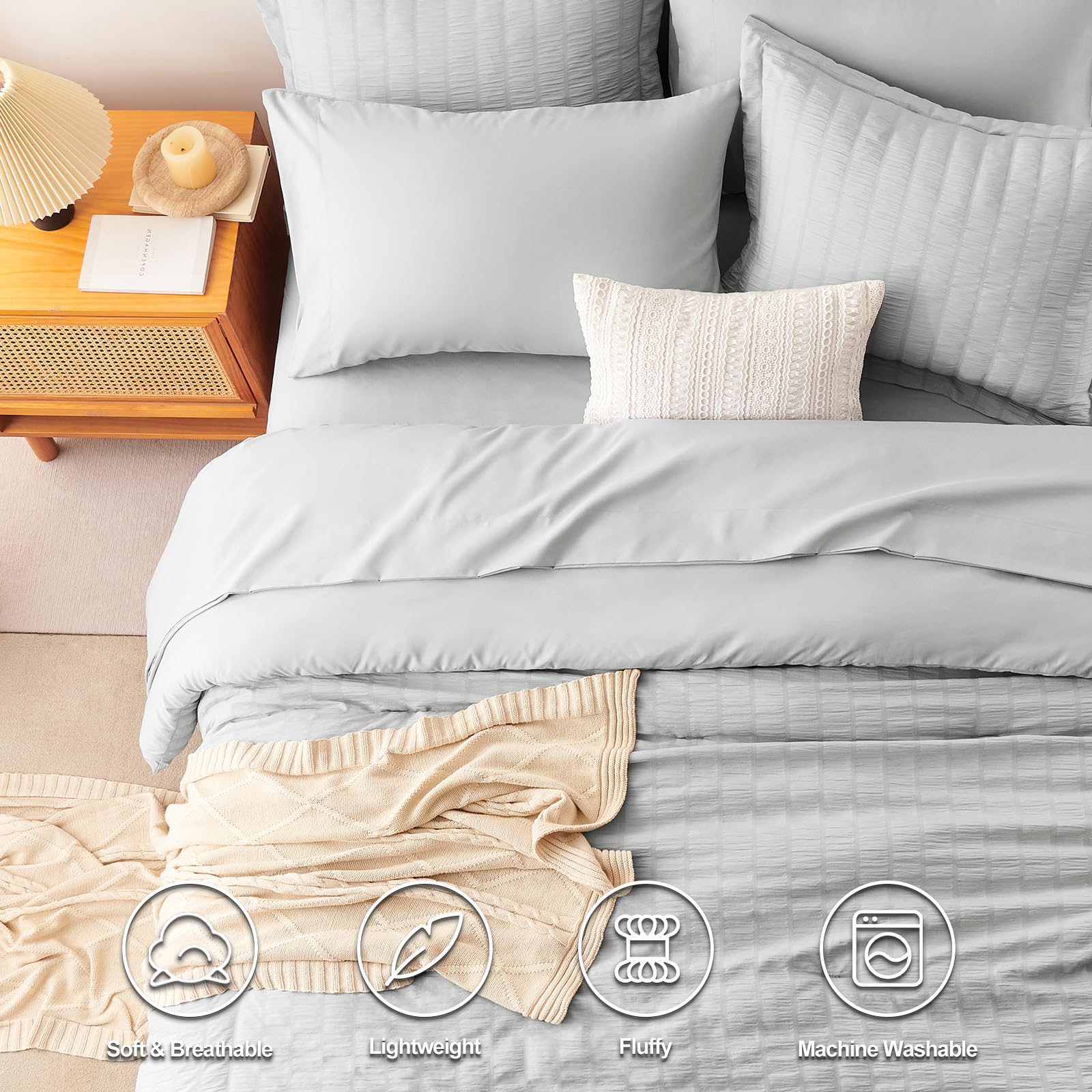 Cozylux detalle de tejido estriado gris claro para sensorial suave.